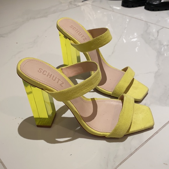 Schutz Saira Suede Neon Clear Lucite Block Heel - Picture 4 of 6